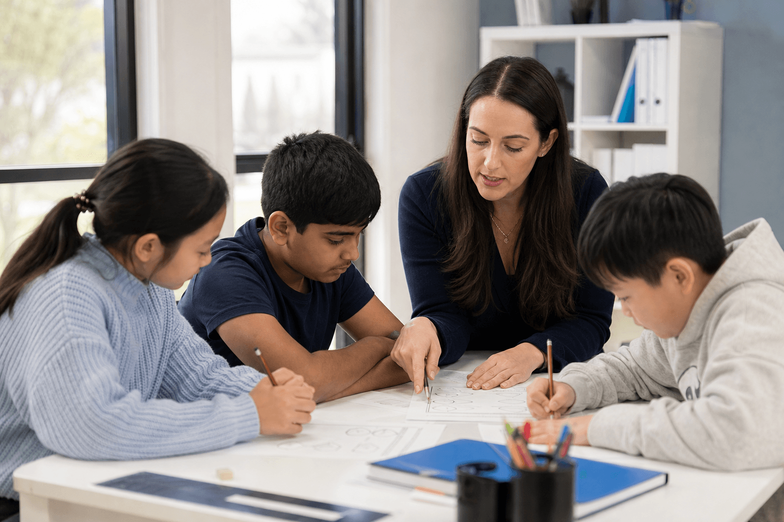 A teacher helping students with their written work